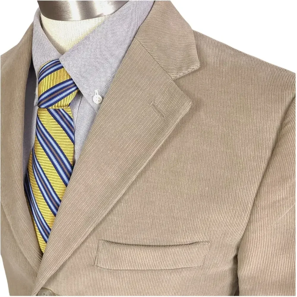 TASSO ELBA Sport Suit Coat Blazer Mens Tan Corduroy Three Button Cotton LARGE